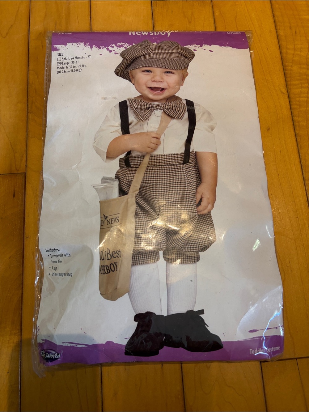 3T-4T Toddler Newsboy Costume in Brown Plaid with Messenger Bag plus socks